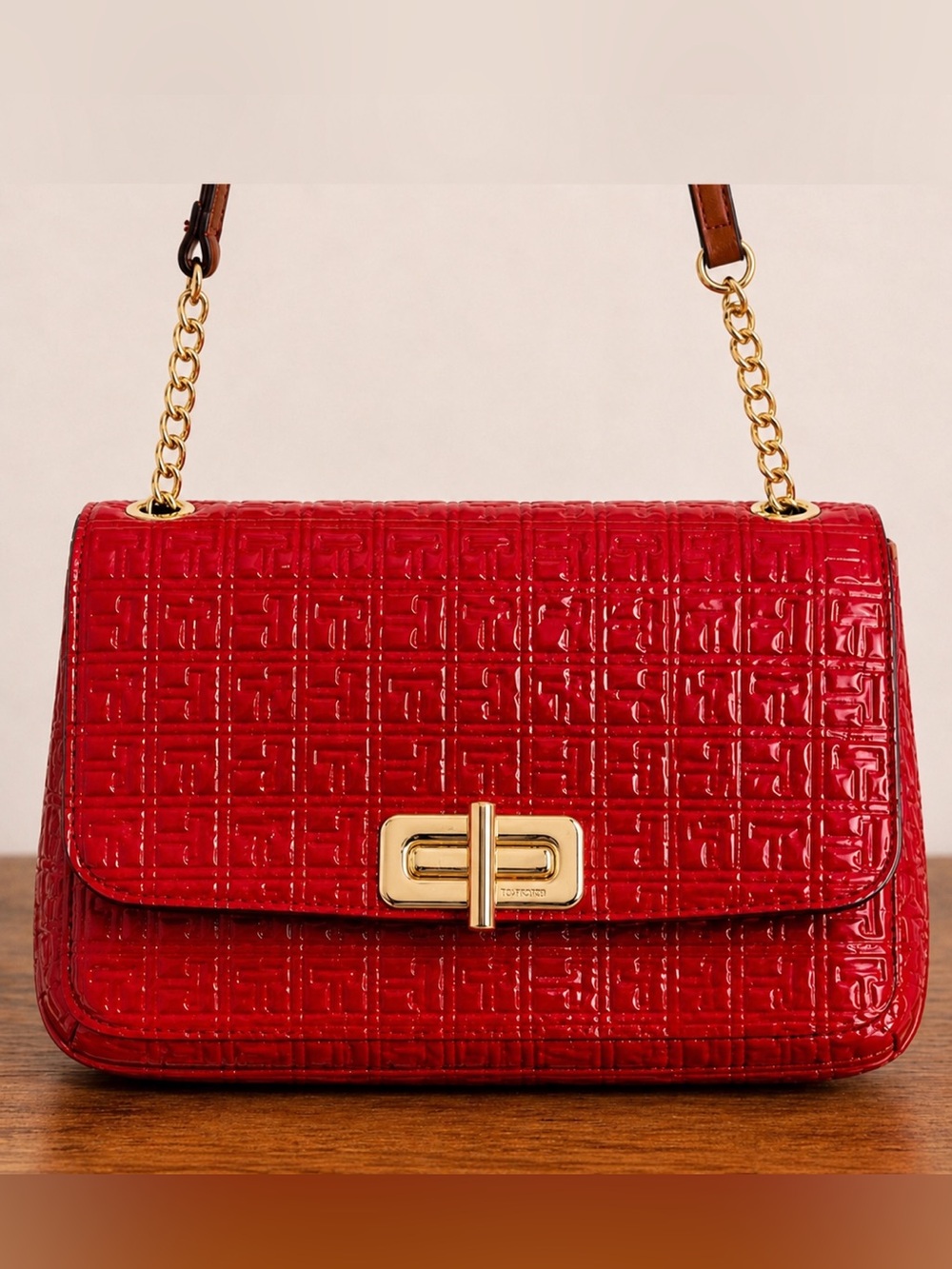 Tommy Hilfiger Red Patent Monogram Crossbody Summer Gold Chain Coquette Bag New